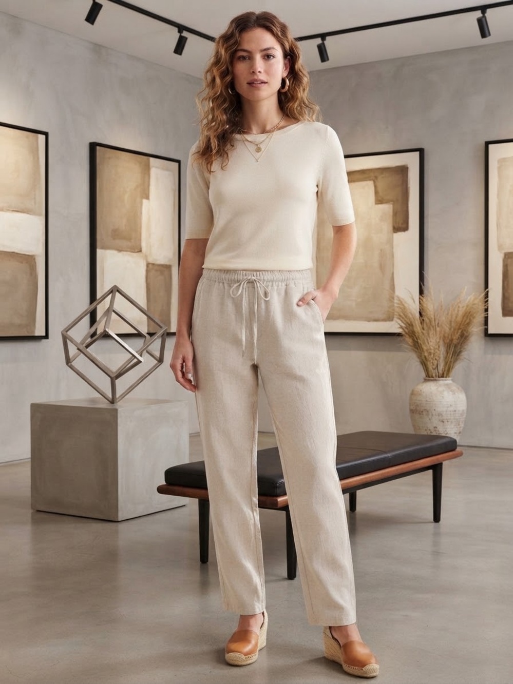 Athleta Neutral Drawstring Elastic-Waist Linen-Blend Trousers